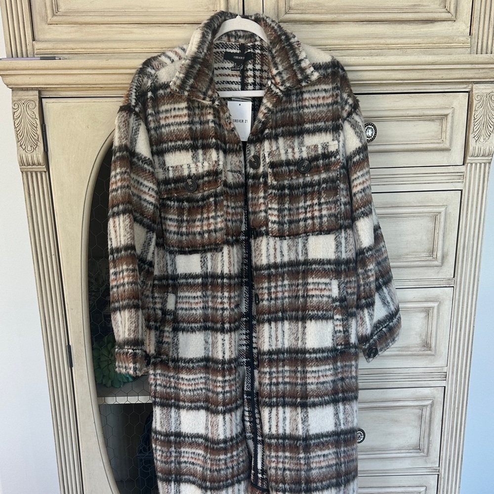 Forever 21 Plaid Teddy Jacket in Brown and Cream